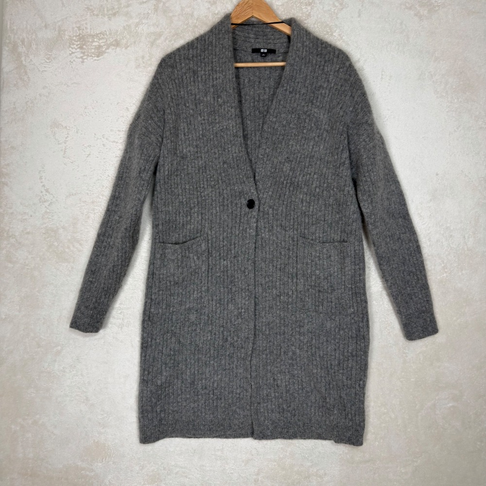 Uniqlo 100% Wool Ribbed Longline Cardigan Grey Single Button Duster Layering M